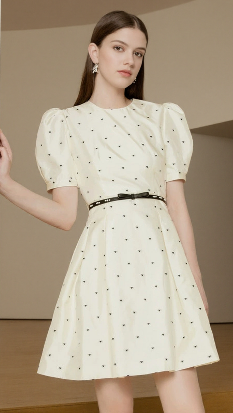 ELSIE POLKA DOT PUFF SLEEVE MINI DRESS IN BEIGE