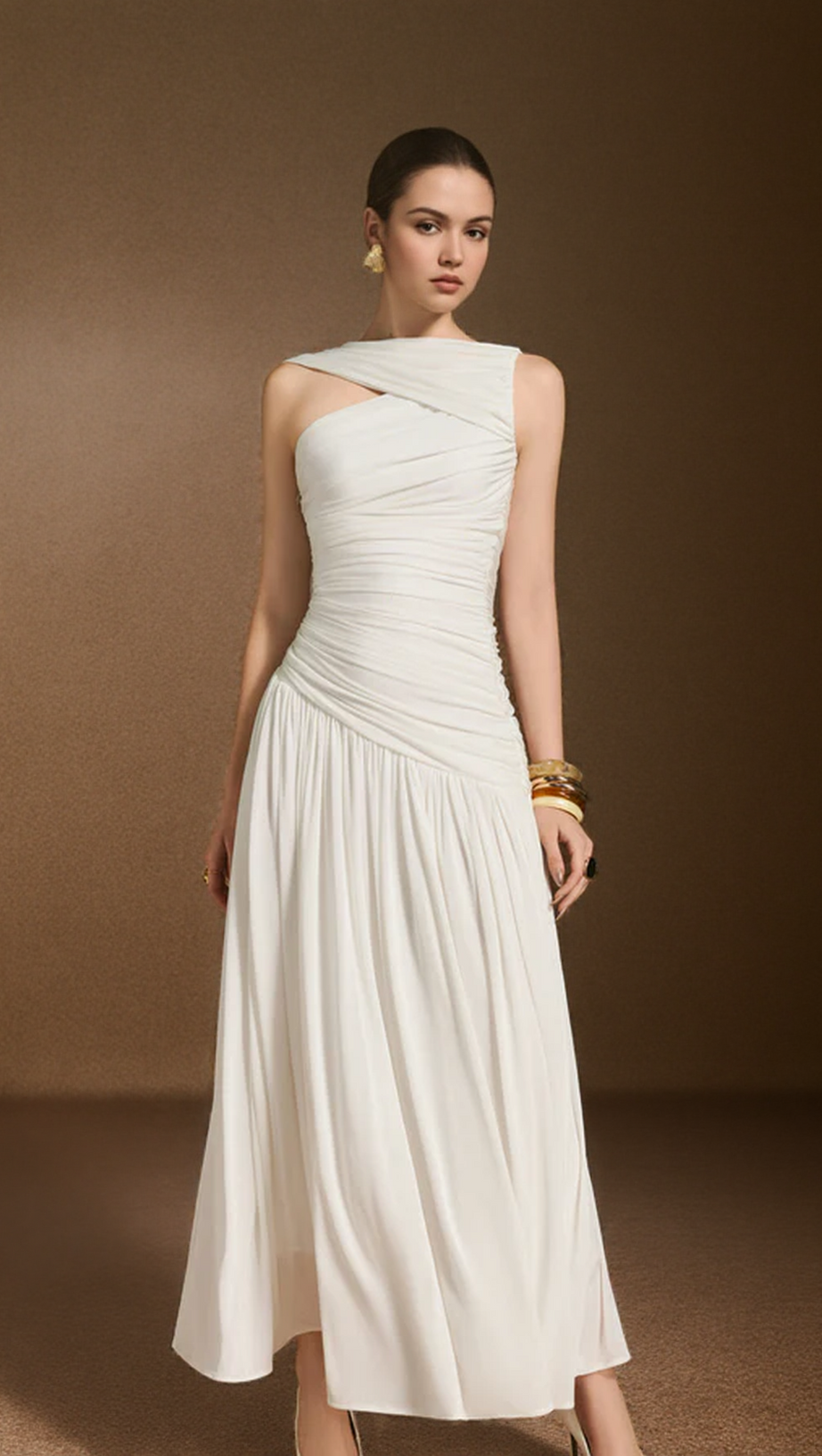 LEONA A-LINE ASYMMETRIC NECK SPANDEX ANKLE LENGTH DRESS