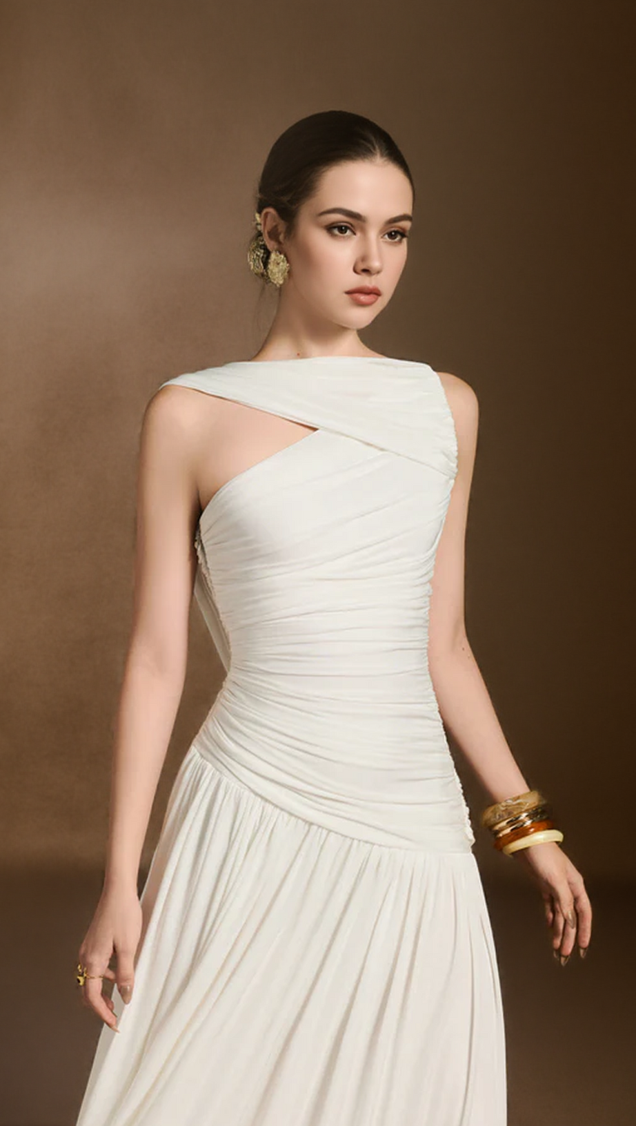 LEONA A-LINE ASYMMETRIC NECK SPANDEX ANKLE LENGTH DRESS