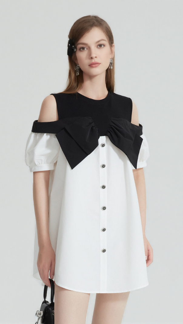 AIIZIE EVELYN OFF-SHOULDER CONTRAST BOW MINI DRESS - product image