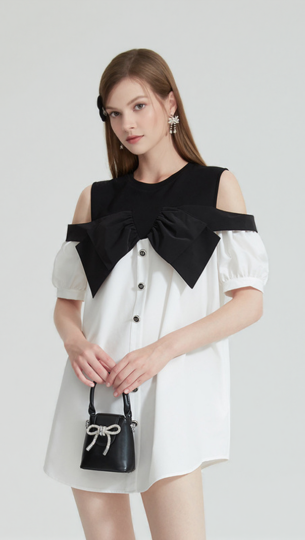 AIIZIE EVELYN OFF-SHOULDER CONTRAST BOW MINI DRESS - product image
