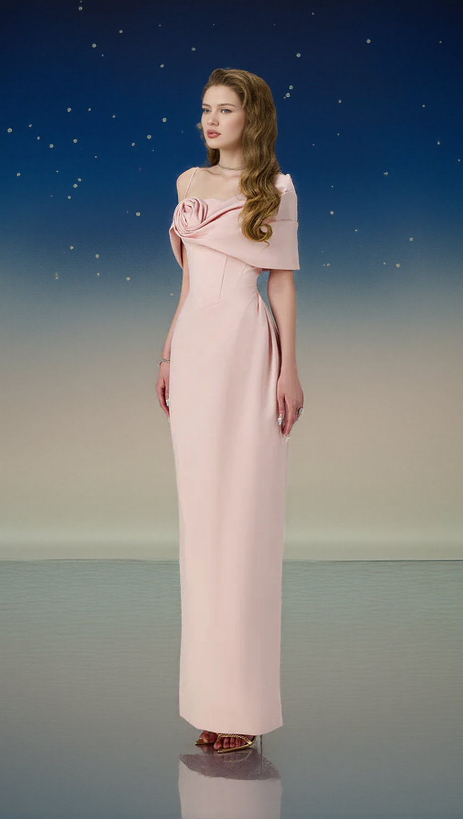 LEONA SHEATH ASYMMETRIC SHOULDER TAFFETA ANKLE MAXI DRESS IN PINK