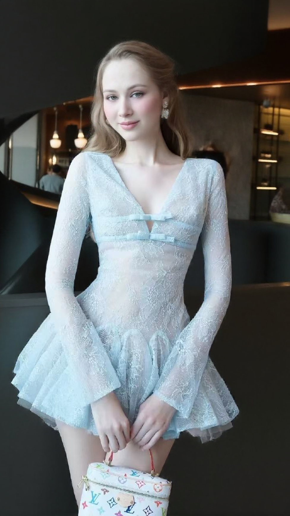 EILEEN LONG-SLEEVE V-NECK LACE A-LINE MINI DRESS IN BLUE