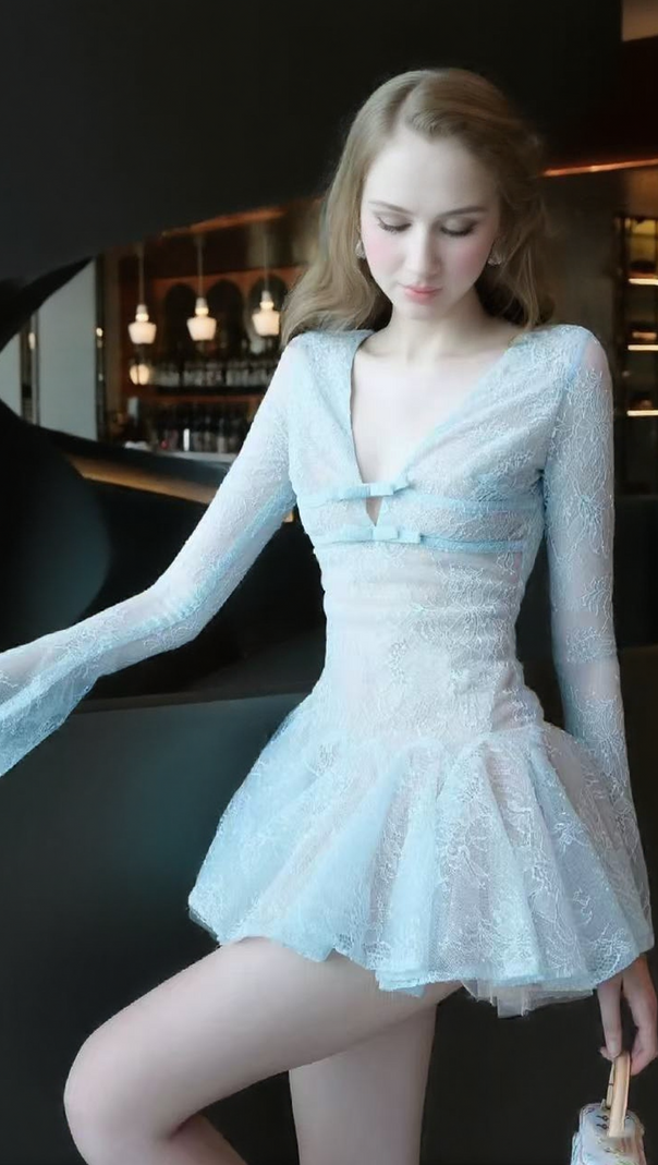 AIIZIE EILEEN LONG-SLEEVE V-NECK LACE A-LINE MINI DRESS IN BLUE - product image