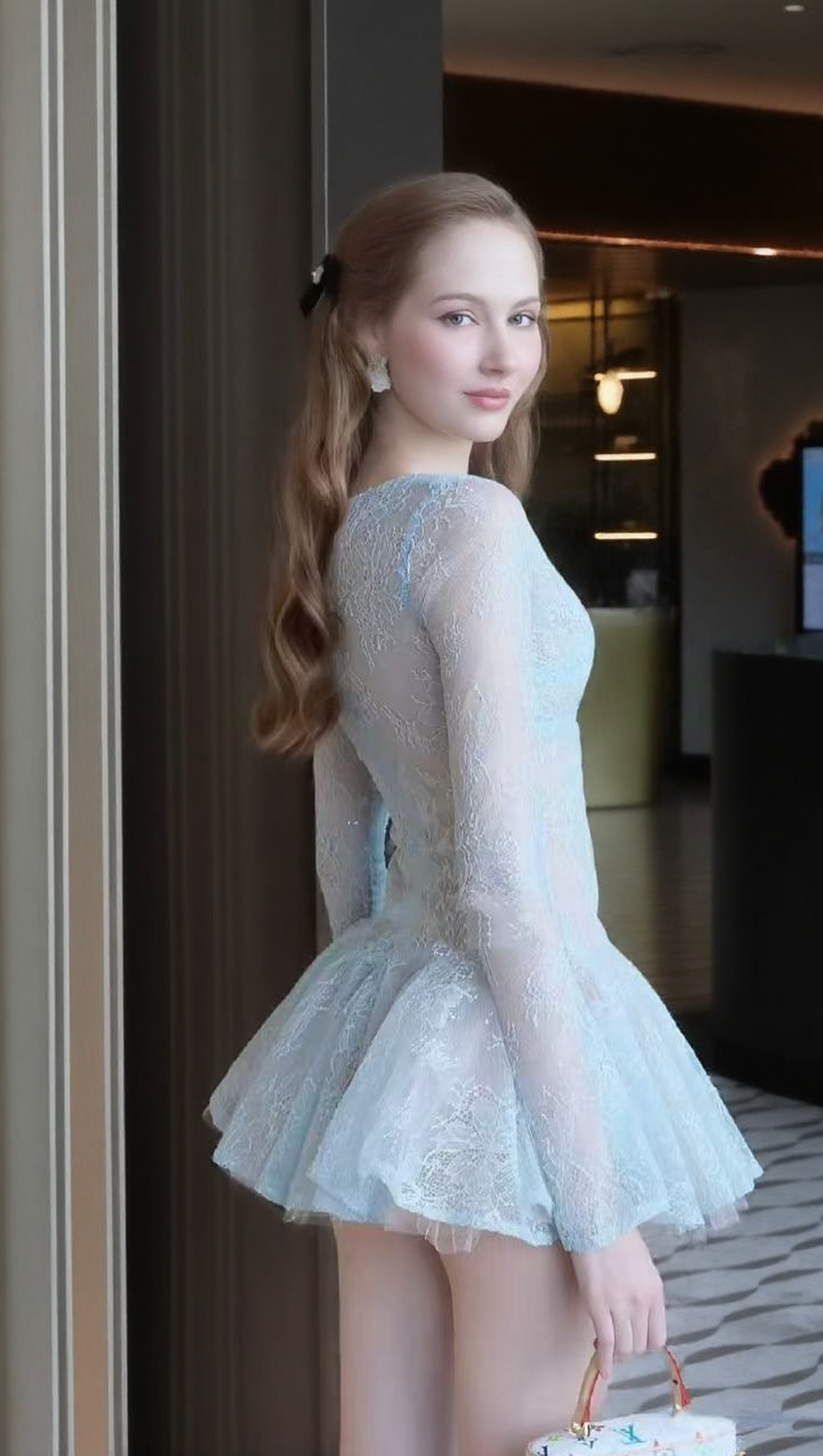 EILEEN LONG-SLEEVE V-NECK LACE A-LINE MINI DRESS IN BLUE