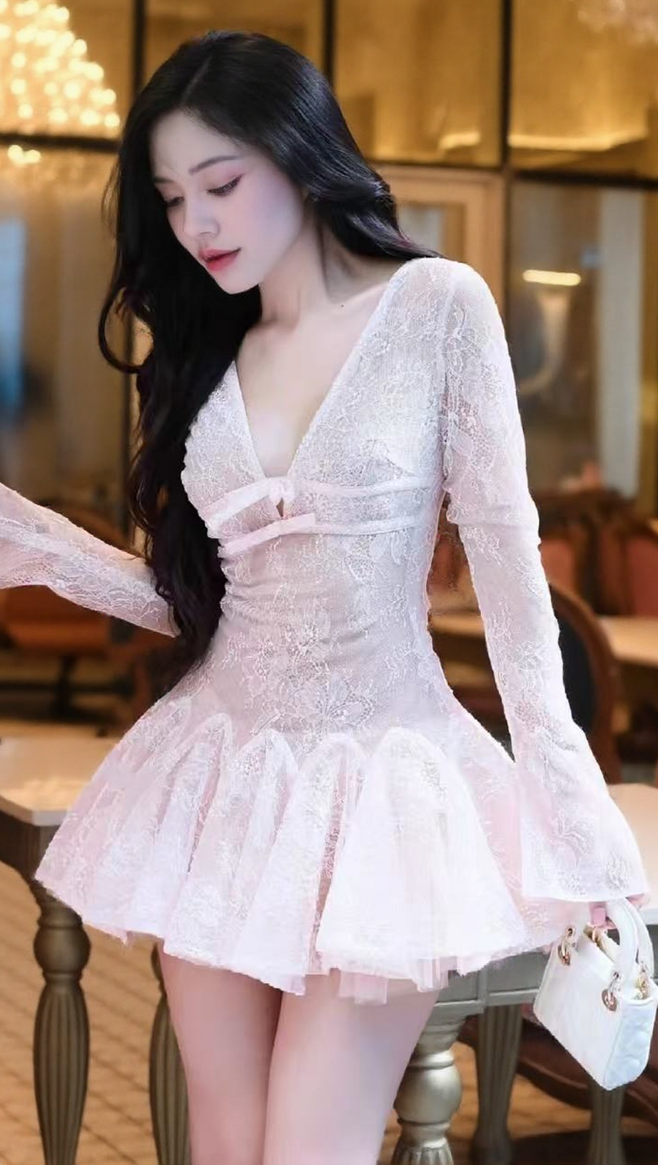 EILEEN LONG-SLEEVE V-NECK LACE A-LINE MINI DRESS IN PINK