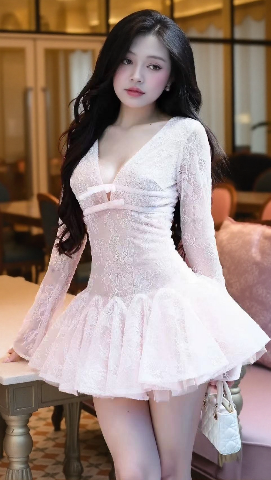 EILEEN LONG-SLEEVE V-NECK LACE A-LINE MINI DRESS IN PINK