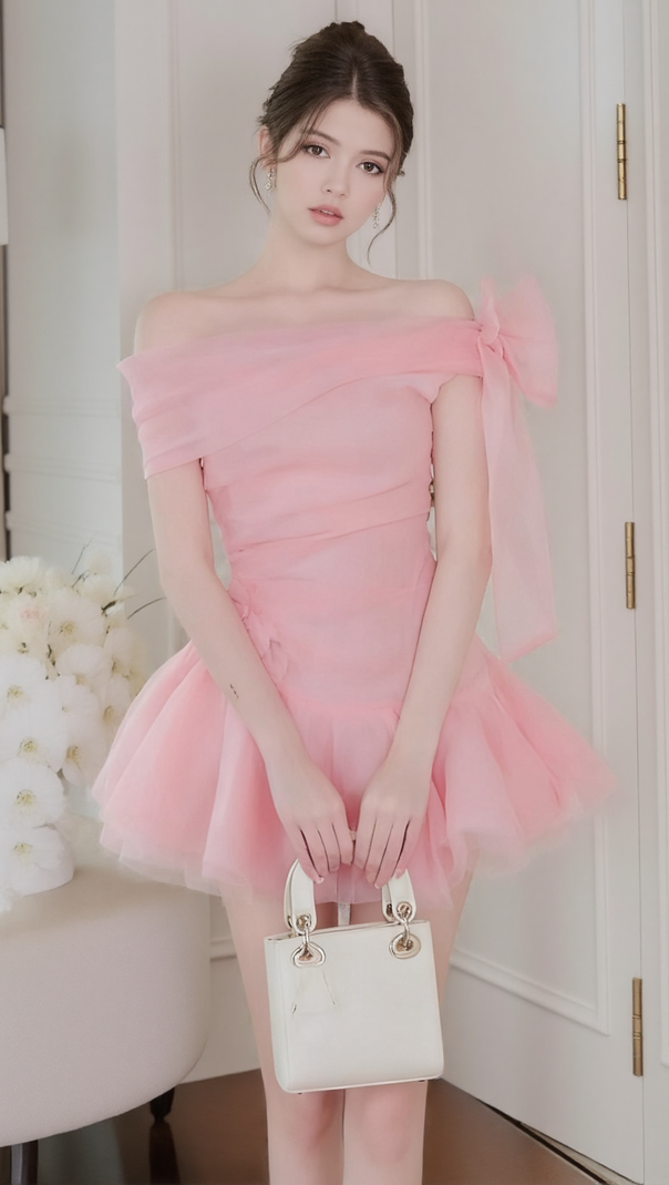 AIIZIE ELLEN OFF-SHOULDER MESH TULLE TUTU MINI DRESS IN PINK - product image