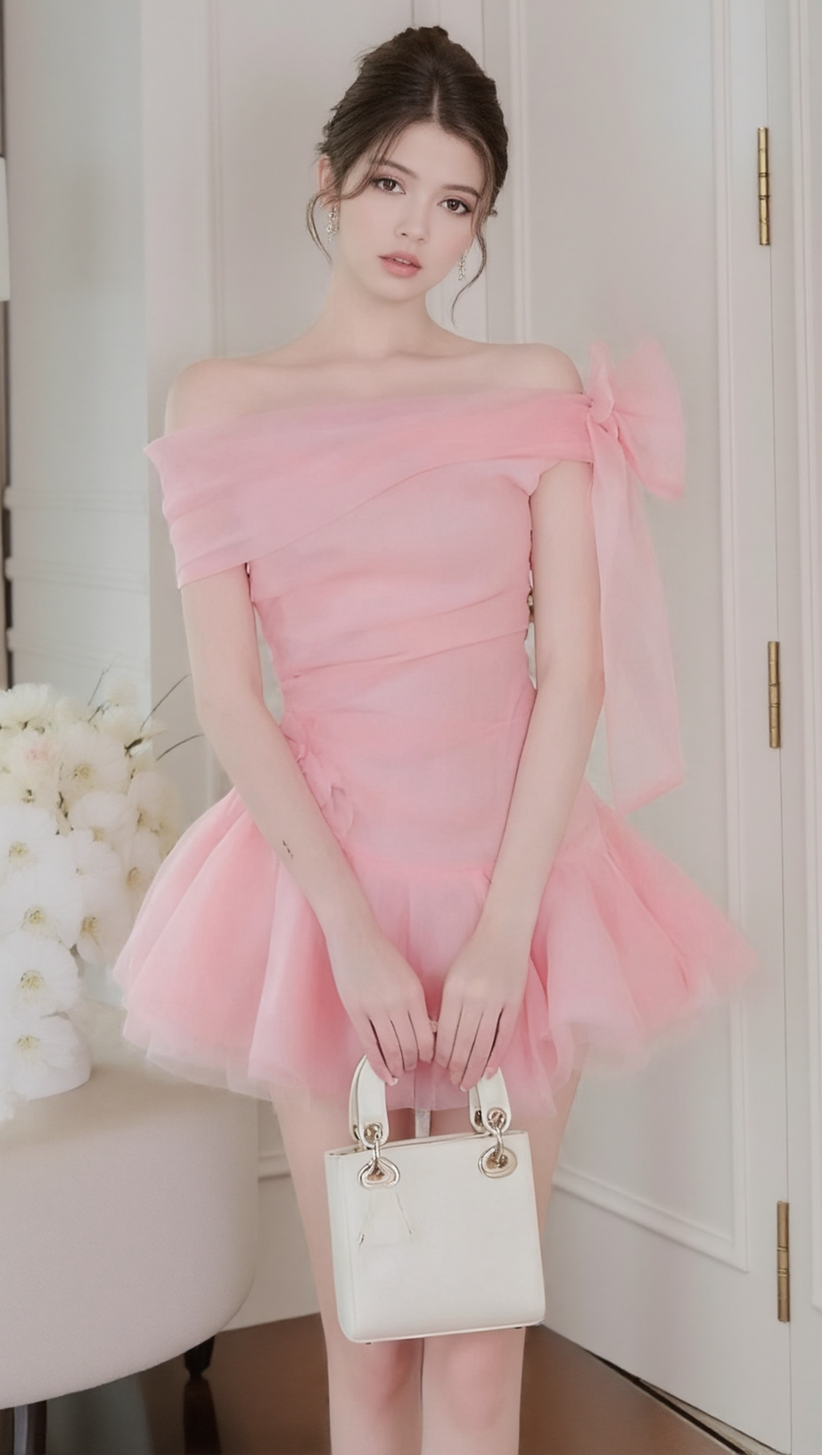 ELLEN OFF-SHOULDER MESH TULLE TUTU MINI DRESS IN PINK