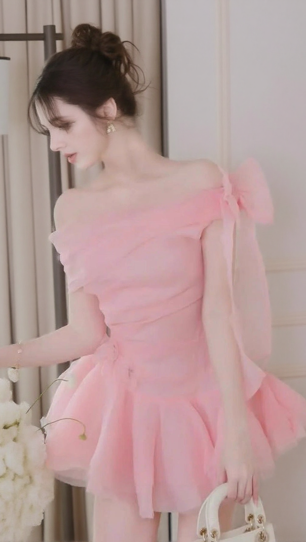 AIIZIE ELLEN OFF-SHOULDER MESH TULLE TUTU MINI DRESS IN PINK - product image