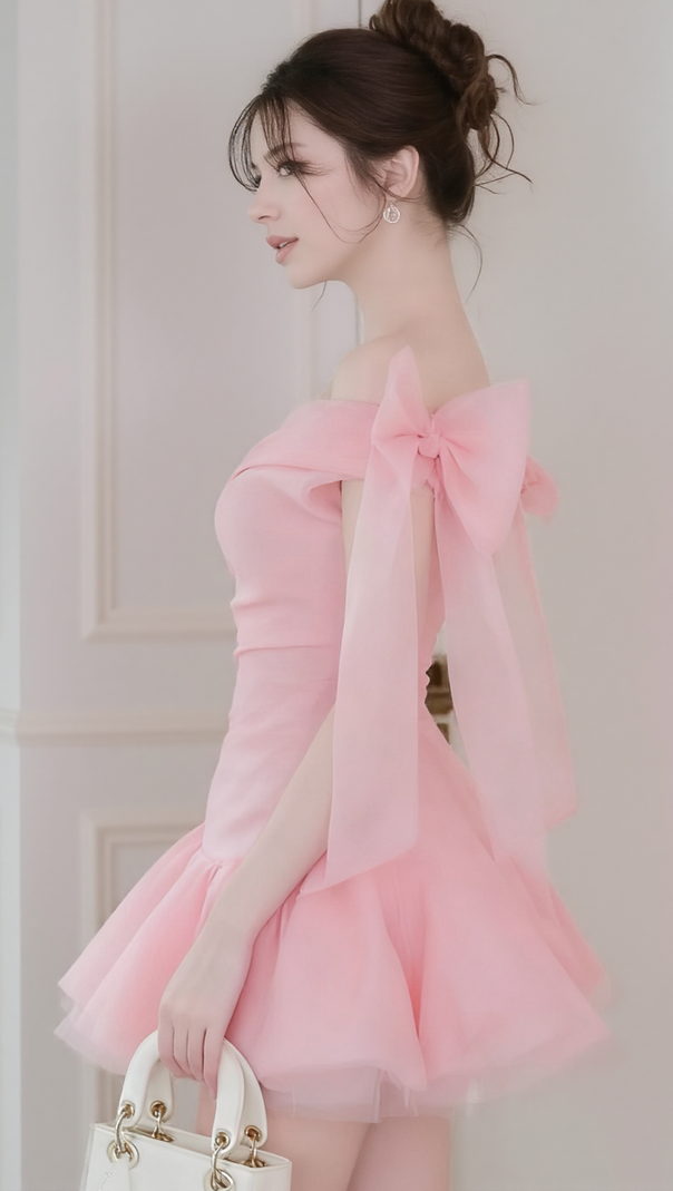 AIIZIE ELLEN OFF-SHOULDER MESH TULLE TUTU MINI DRESS IN PINK - product image