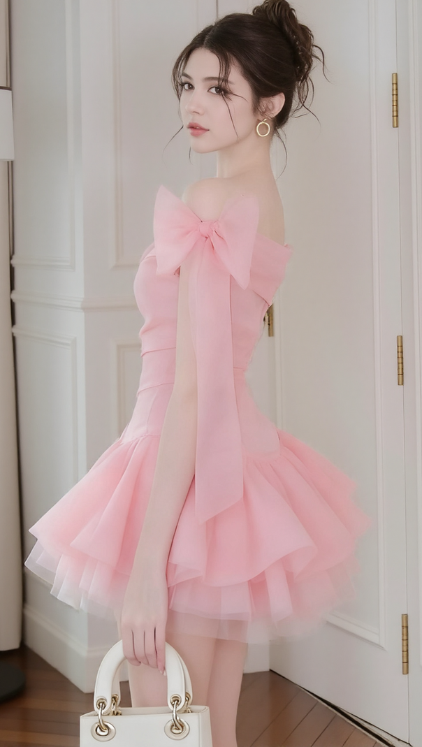 AIIZIE ELLEN OFF-SHOULDER MESH TULLE TUTU MINI DRESS IN PINK - product image