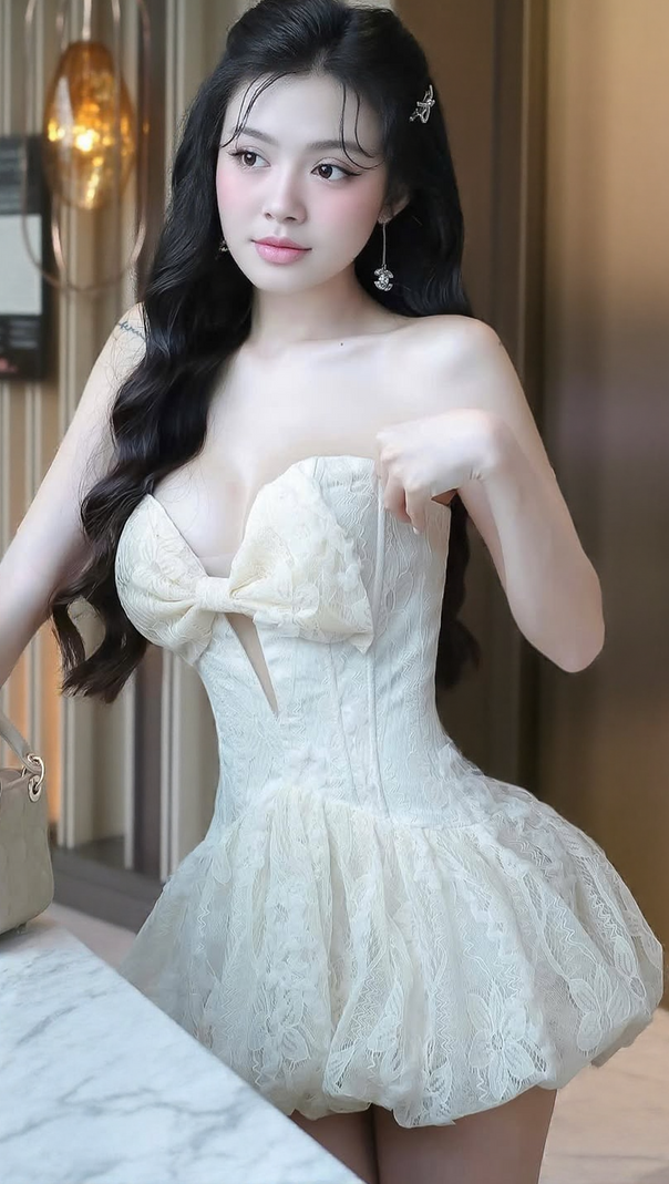 AIIZIE EMMA BOWKNOT HOLLOW TUBE TOP MINI DRESS IN BEIGE - product image