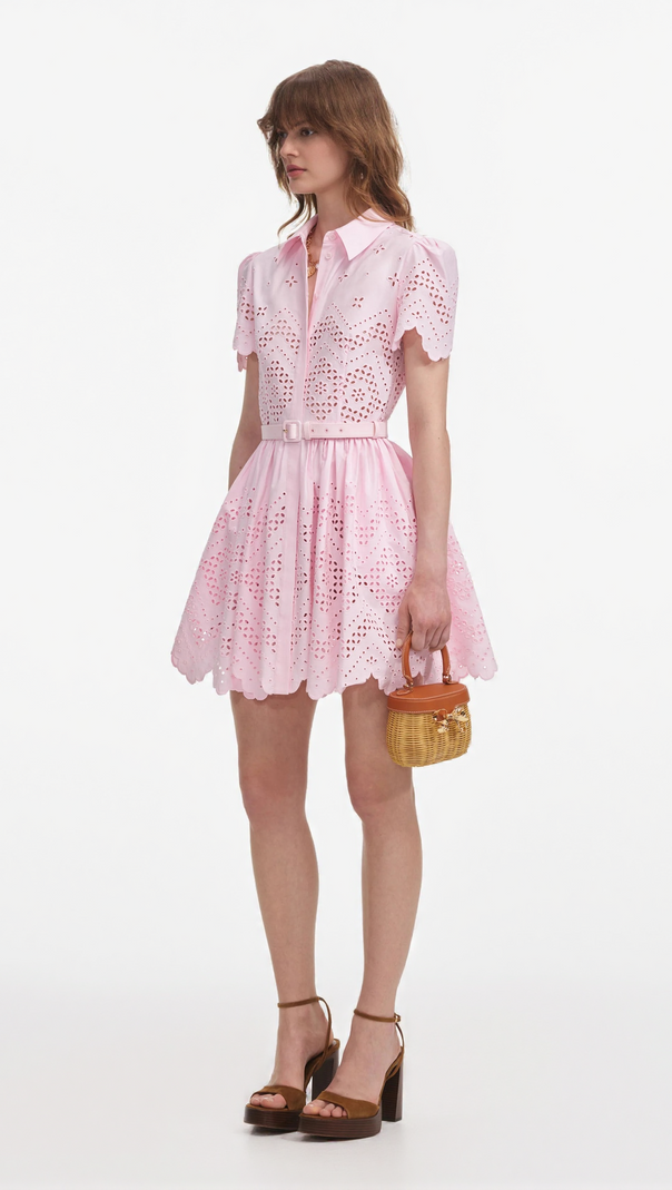 AIIZIE CHERYL PINK COTTON BRODERIE MINI DRESS - product image