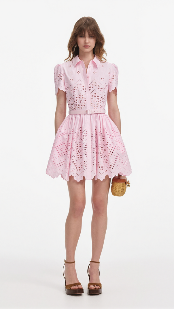 AIIZIE CHERYL PINK COTTON BRODERIE MINI DRESS - product image