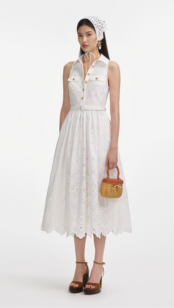 AIIZIE ELSIE WHITE COTTON BRODERIE COLLARED MIDI DRESS - product image