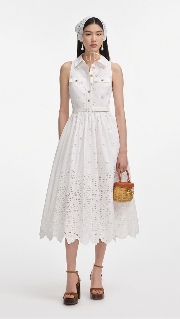 AIIZIE ELSIE WHITE COTTON BRODERIE COLLARED MIDI DRESS - product image