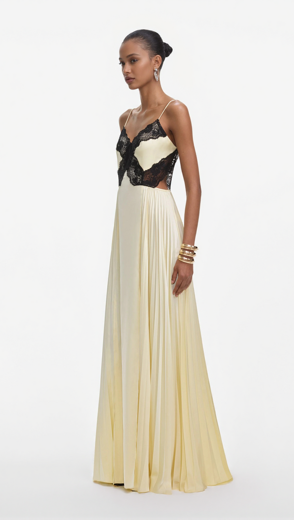 AIIZIE JOSEPHINE YELLOW SATIN LACE MAXI DRESS - product image
