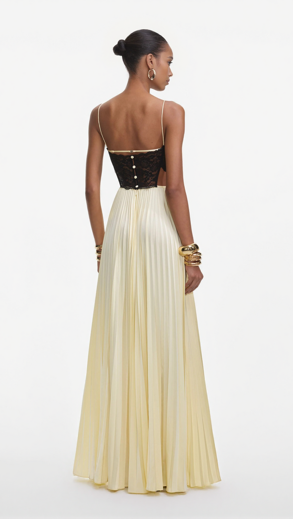 AIIZIE JOSEPHINE YELLOW SATIN LACE MAXI DRESS - product image
