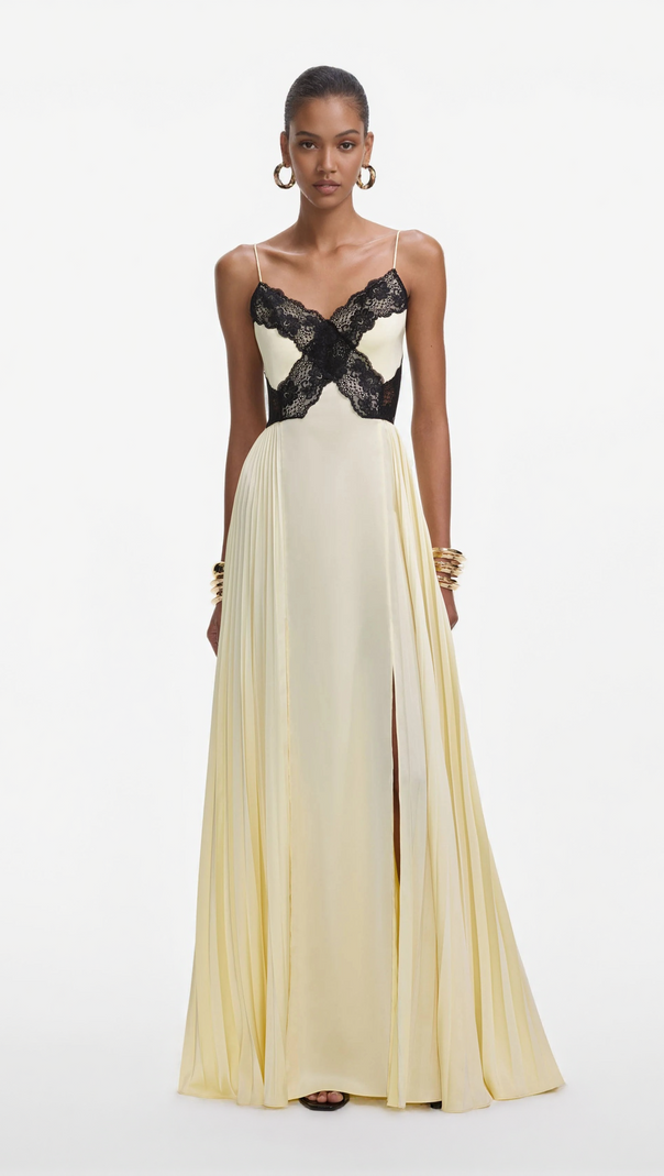 AIIZIE JOSEPHINE YELLOW SATIN LACE MAXI DRESS - product image