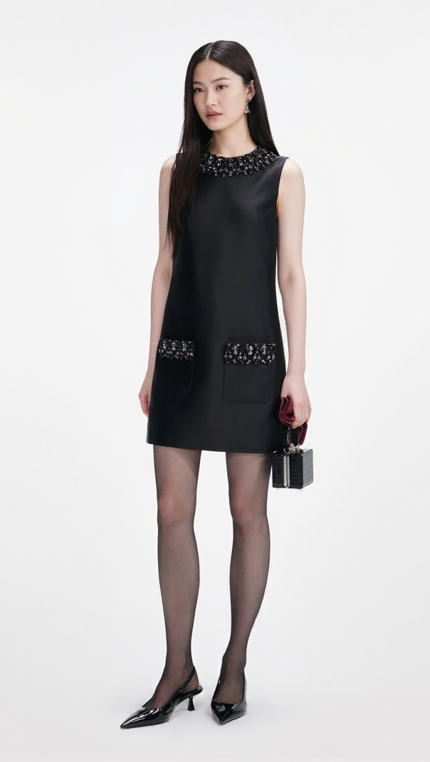 AIIZIE MAGGIE BLACK TAFFETA EMBELLISHED TRIM MINI DRESS - product image