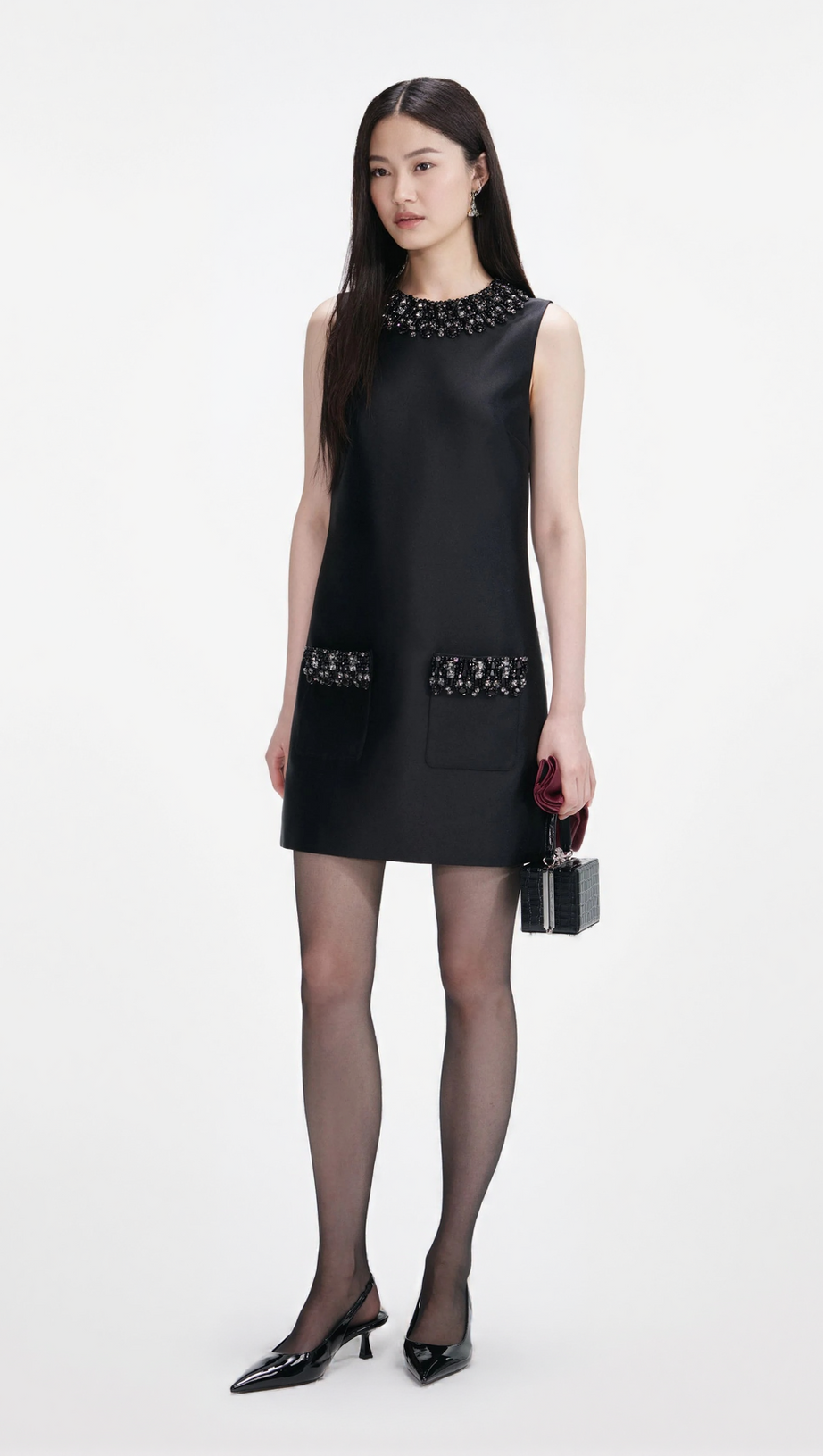 MAGGIE BLACK TAFFETA EMBELLISHED TRIM MINI DRESS