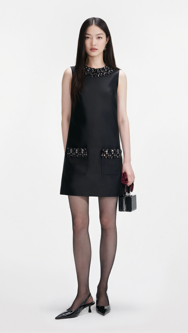 AIIZIE MAGGIE BLACK TAFFETA EMBELLISHED TRIM MINI DRESS - product image
