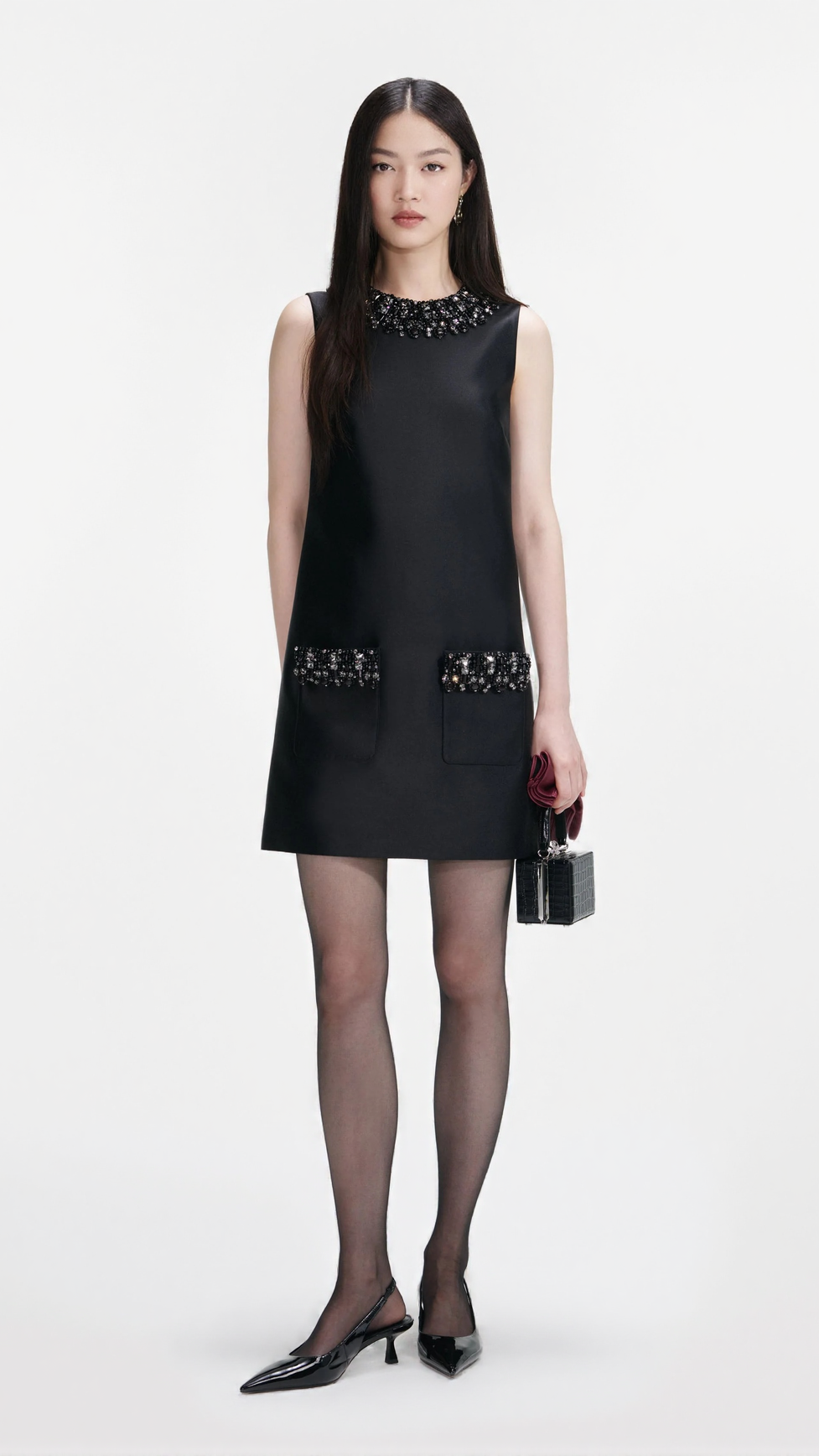 MAGGIE BLACK TAFFETA EMBELLISHED TRIM MINI DRESS