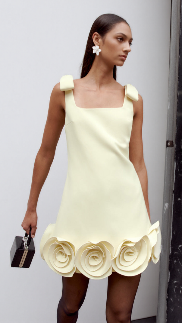 AIIZIE OPHELIA YELLOW CREPE 3D FLOWER MINI DRESS - product image