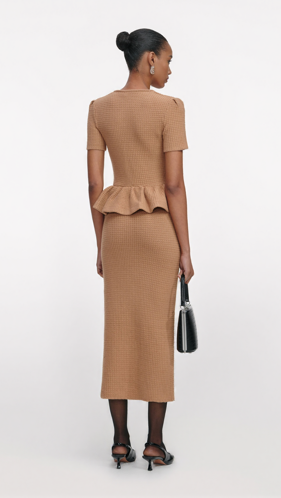 NATALIE CAMEL PEPLUM KNIT MIDI DRESS