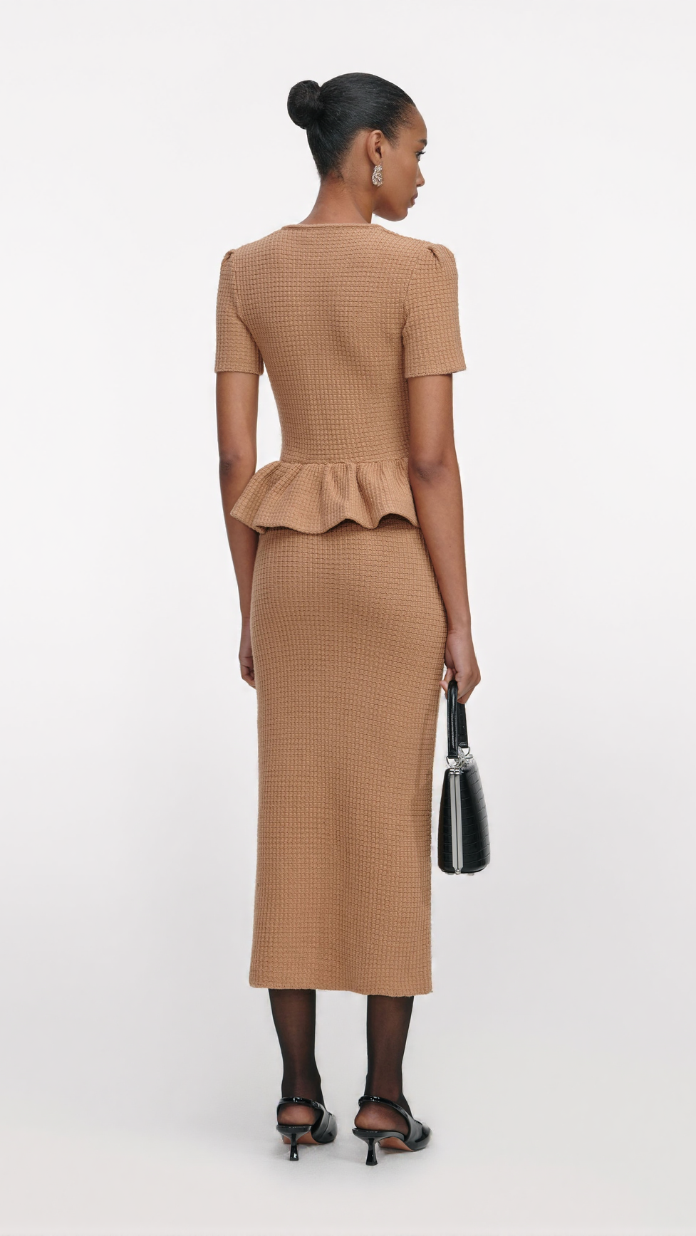 NATALIE CAMEL PEPLUM KNIT MIDI DRESS