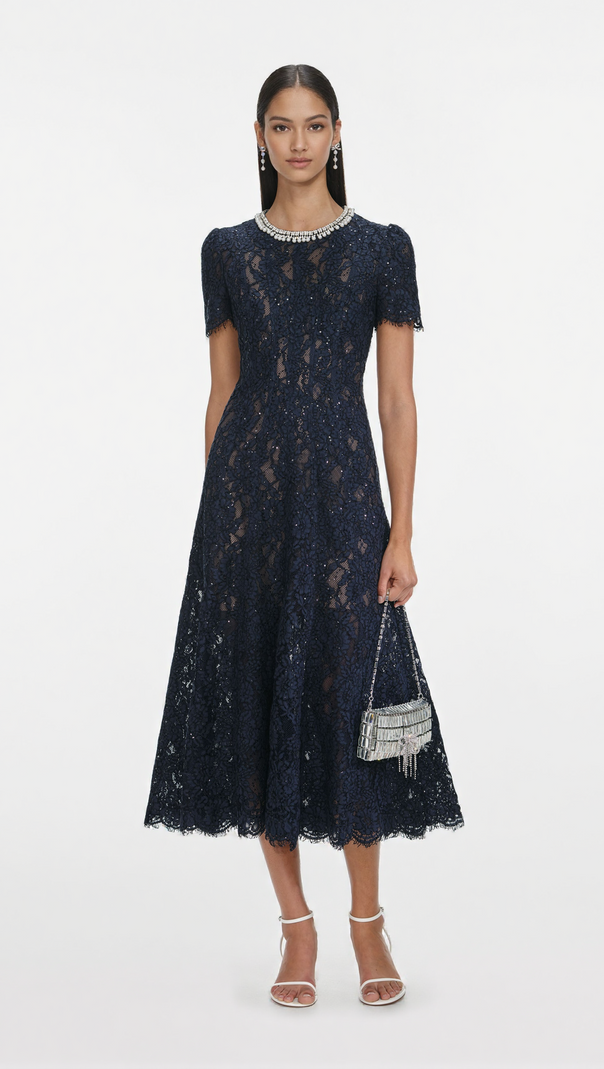 AIIZIE TESS NAVY LACE EMBELLISHED MIDI DRESS - product image