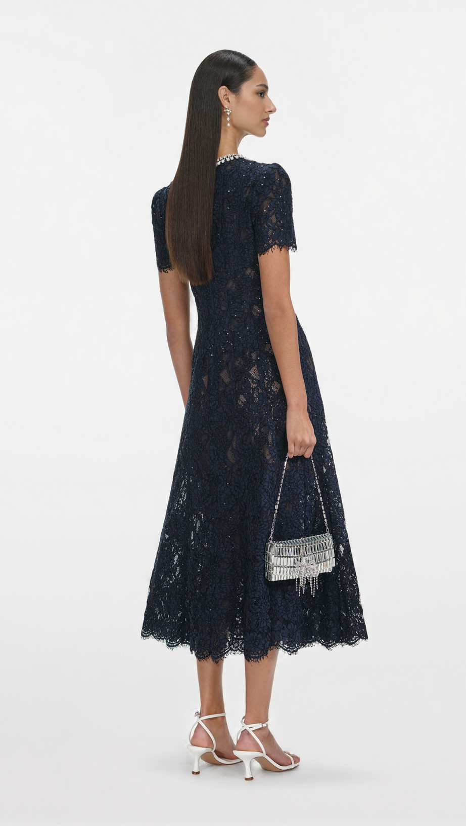 TESS NAVY LACE EMBELLISHED MIDI DRESS