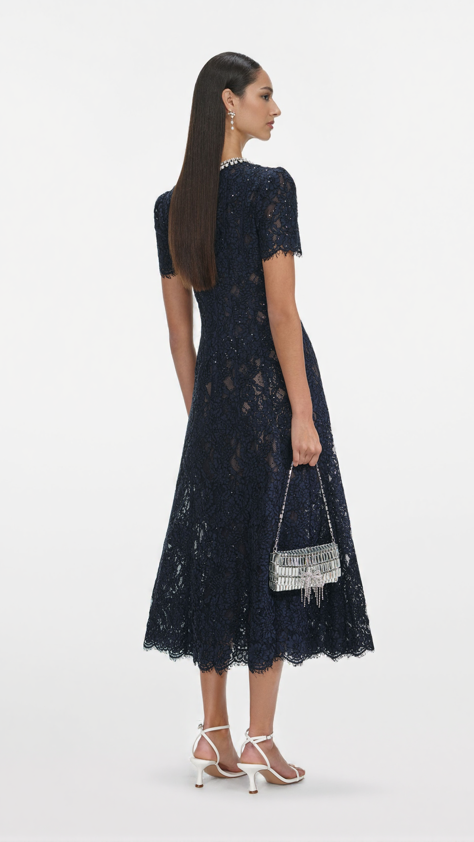TESS NAVY LACE EMBELLISHED MIDI DRESS