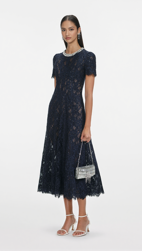 AIIZIE TESS NAVY LACE EMBELLISHED MIDI DRESS - product image