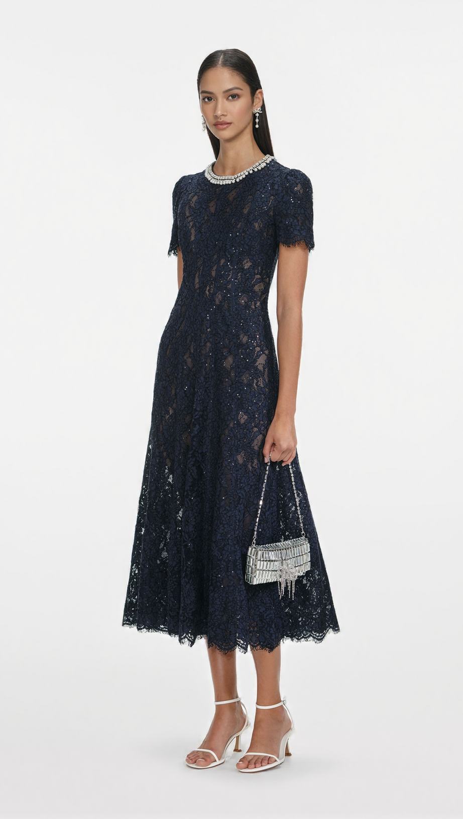 TESS NAVY LACE EMBELLISHED MIDI DRESS