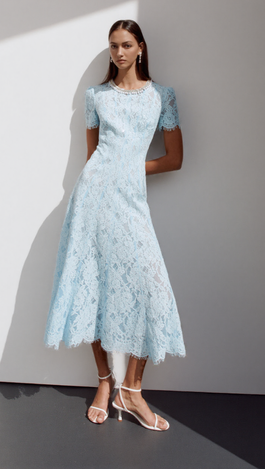 VALERIE BLUE LACE EMBELLISHED MIDI DRESS