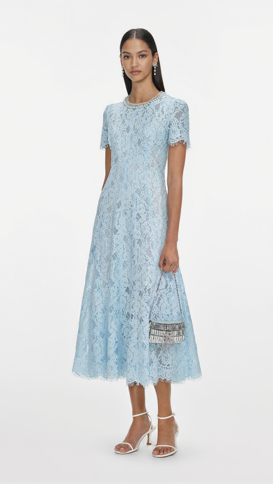 VALERIE BLUE LACE EMBELLISHED MIDI DRESS