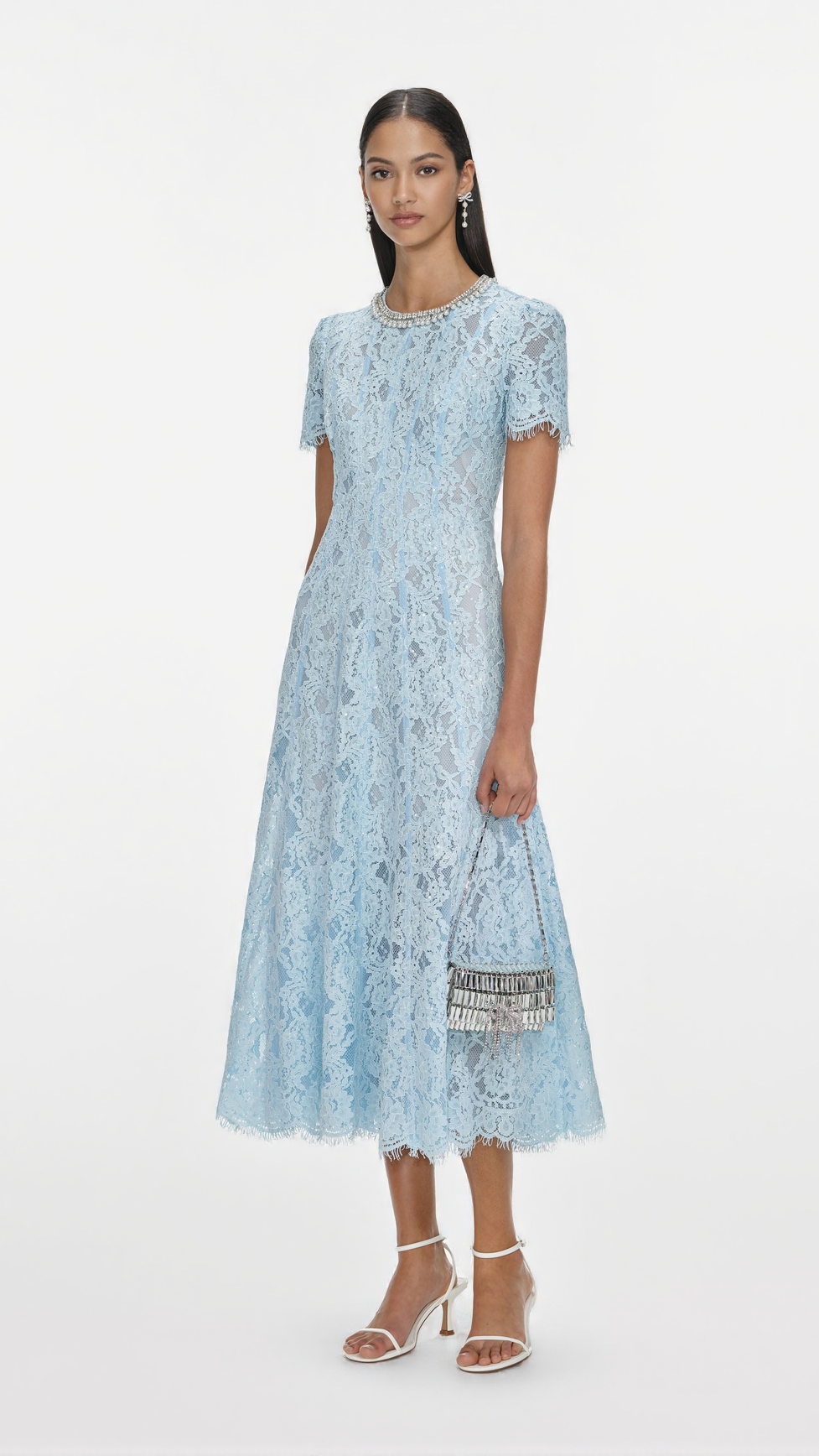 VALERIE BLUE LACE EMBELLISHED MIDI DRESS