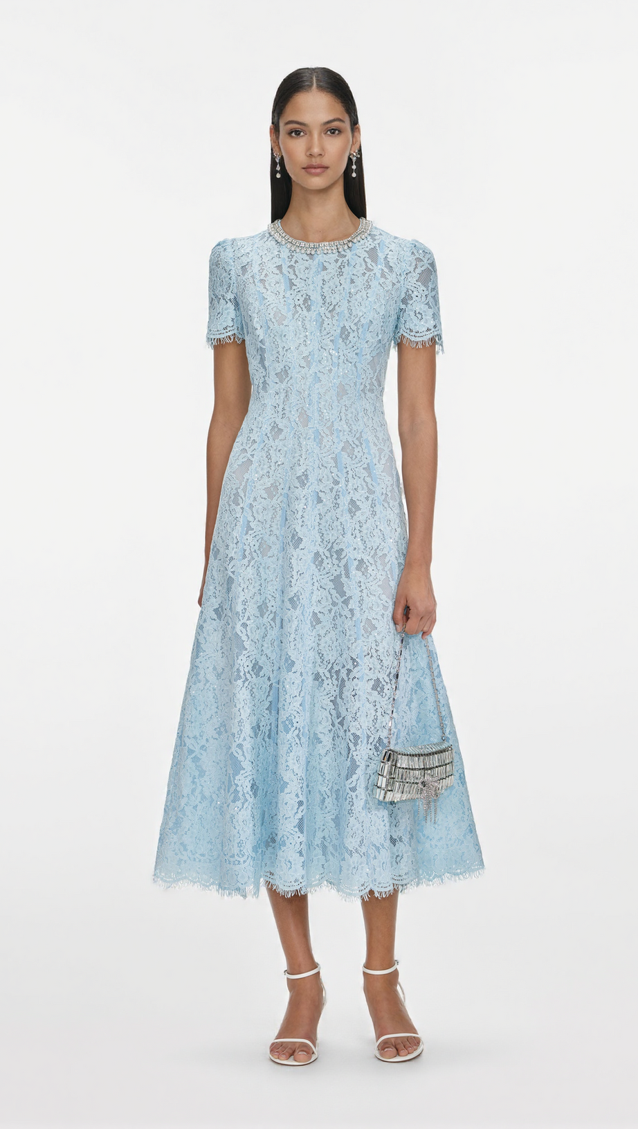 VALERIE BLUE LACE EMBELLISHED MIDI DRESS