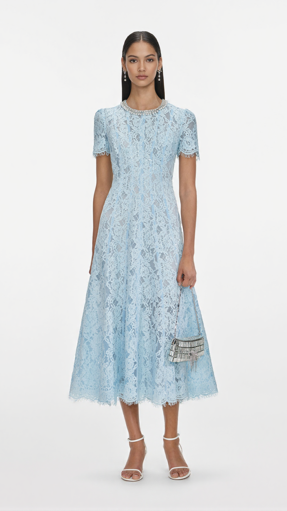 VALERIE BLUE LACE EMBELLISHED MIDI DRESS