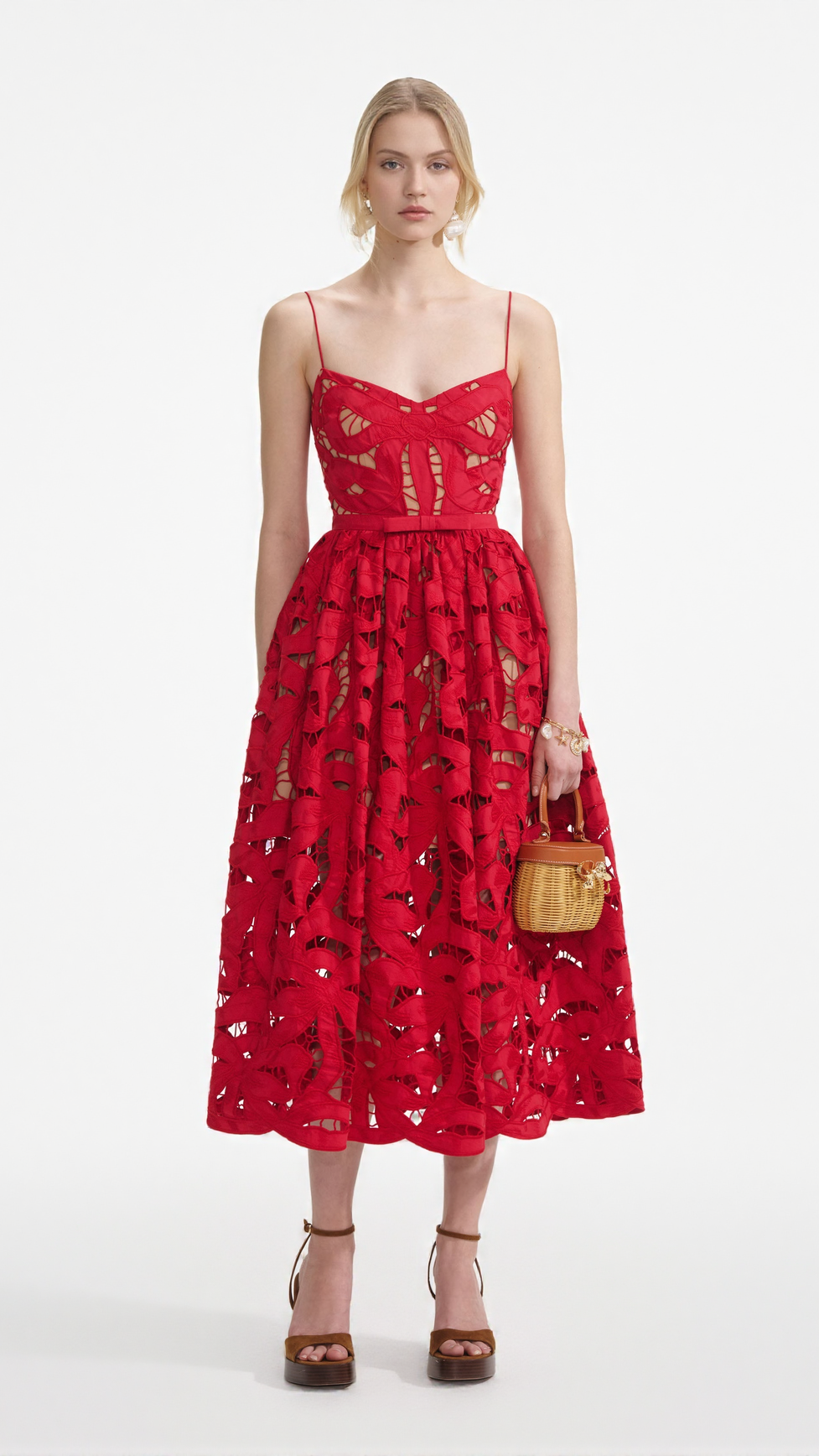 WENDY RED BOW EMBROIDERED MIDI DRESS