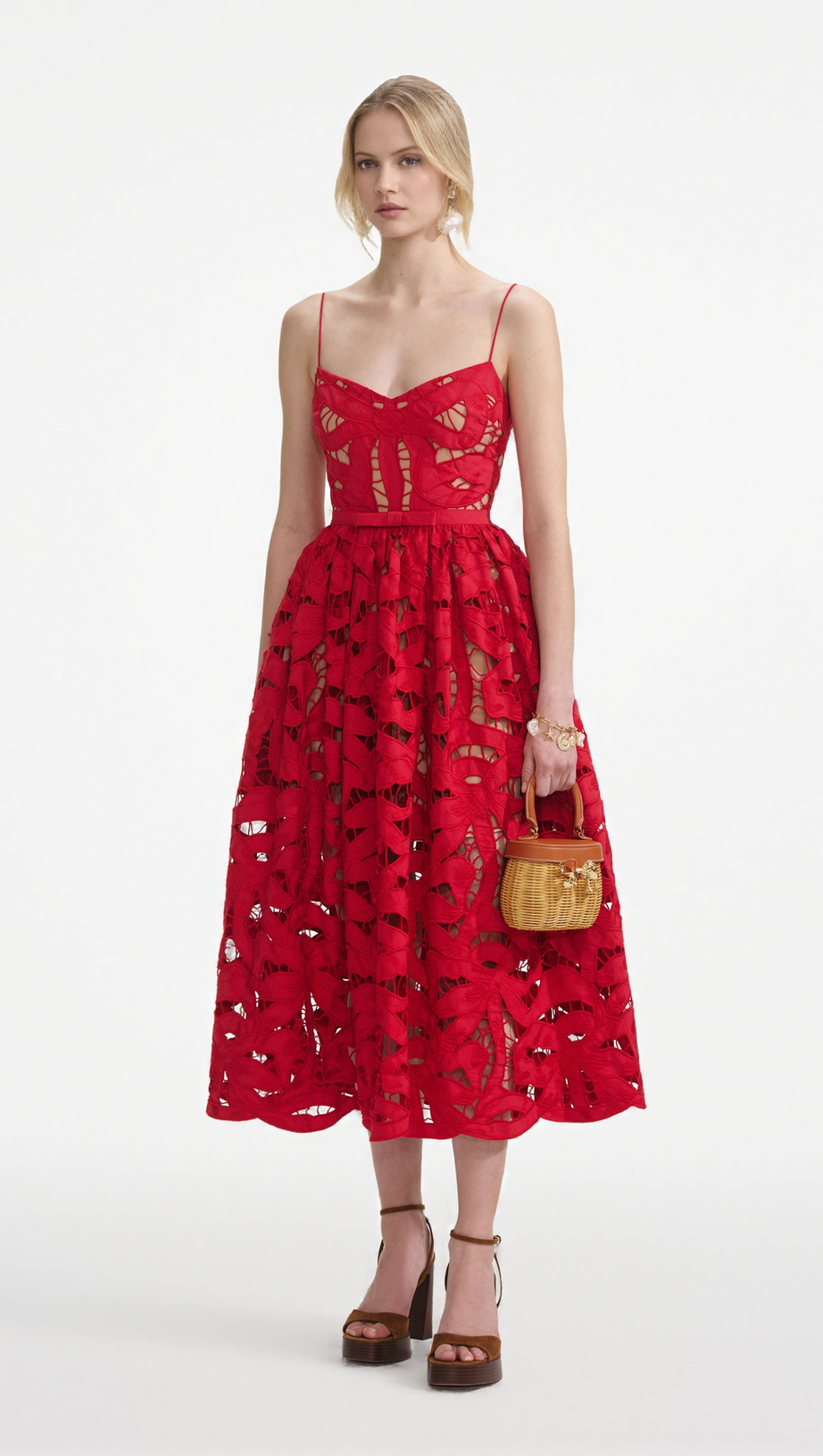 WENDY RED BOW EMBROIDERED MIDI DRESS