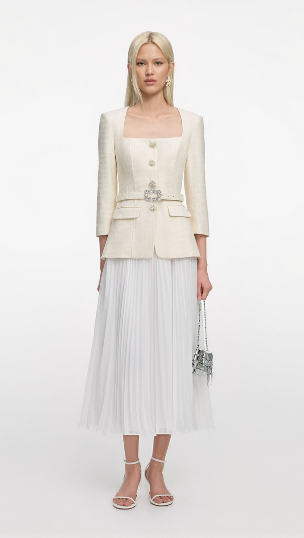 YURI CREAM BOUCLE LONG SLEEVE CHIFFON MIDI DRESS