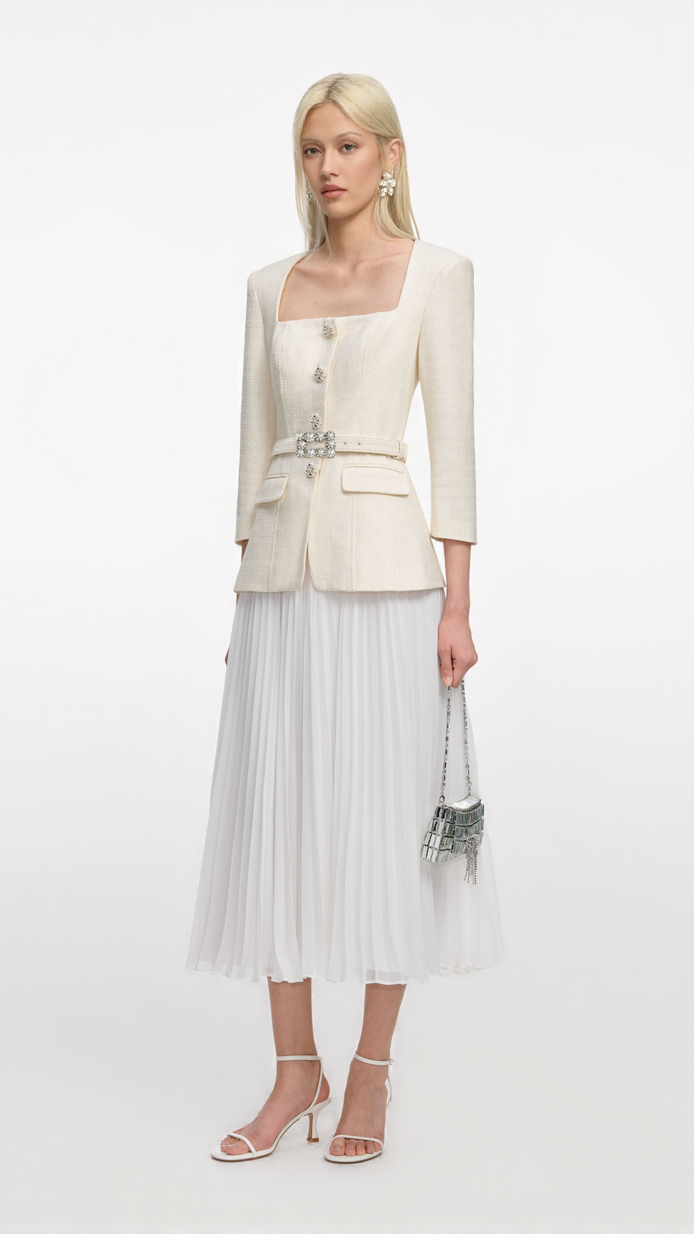 YURI CREAM BOUCLE LONG SLEEVE CHIFFON MIDI DRESS