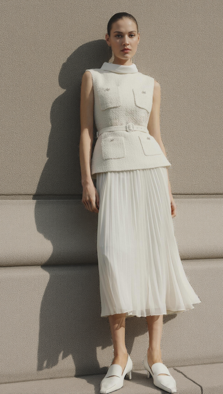 ZOE CREAM BOUCLE SLEEVELESS MIDI DRESS