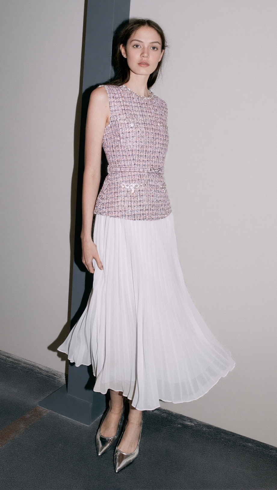 ADITI PINK BOUCLE CHIFFON MIDI DRESS