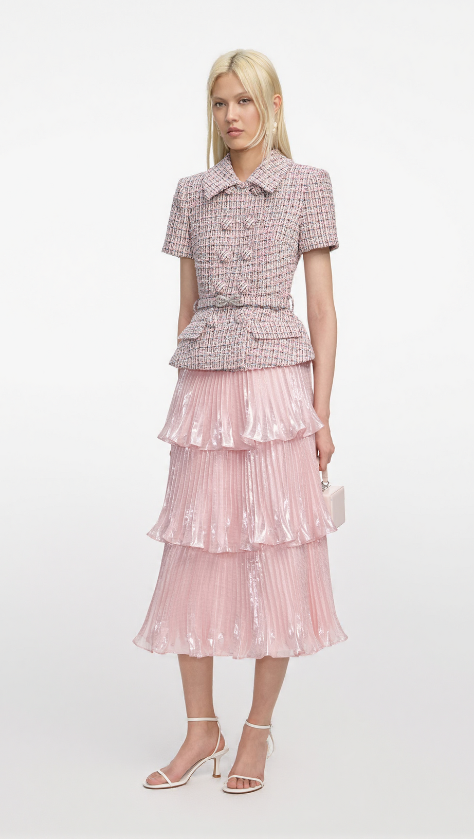 BEULAH PINK BOUCLE METALLIC TIERED MIDI DRESS