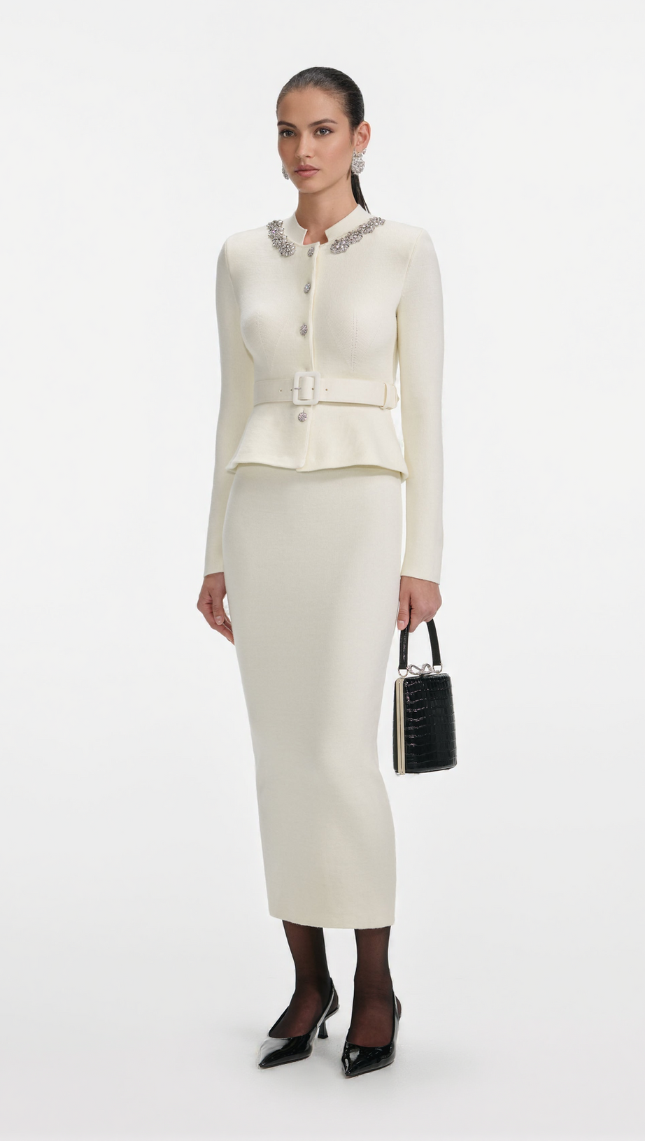 HARRIET CREAM WOOL PEPLUM KNIT MIDI DRESS