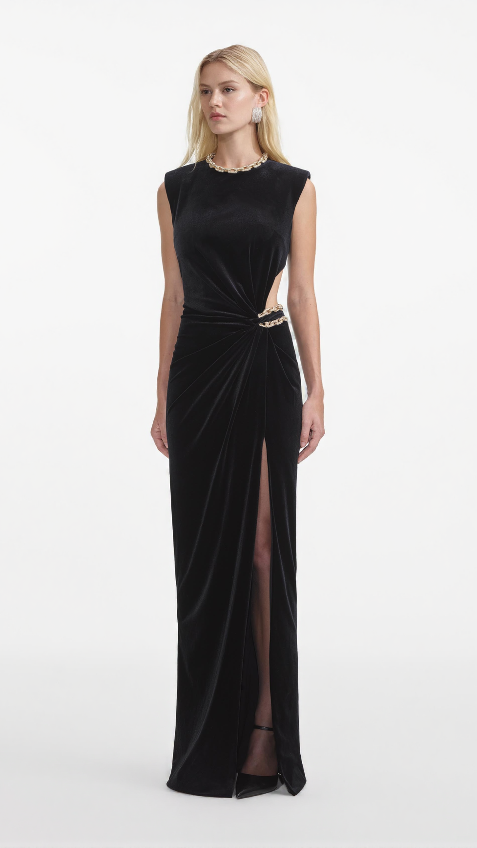 JOA BLACK VELVET EMBELLISHED MAXI DRESS